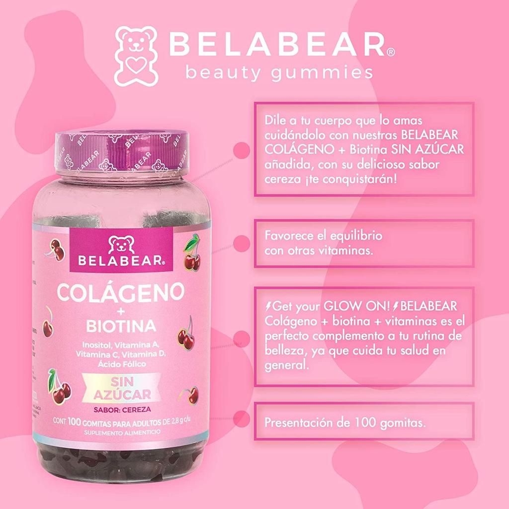 BELABEAR Colágeno + Biotina Sin Azúcar 100 Gomitas