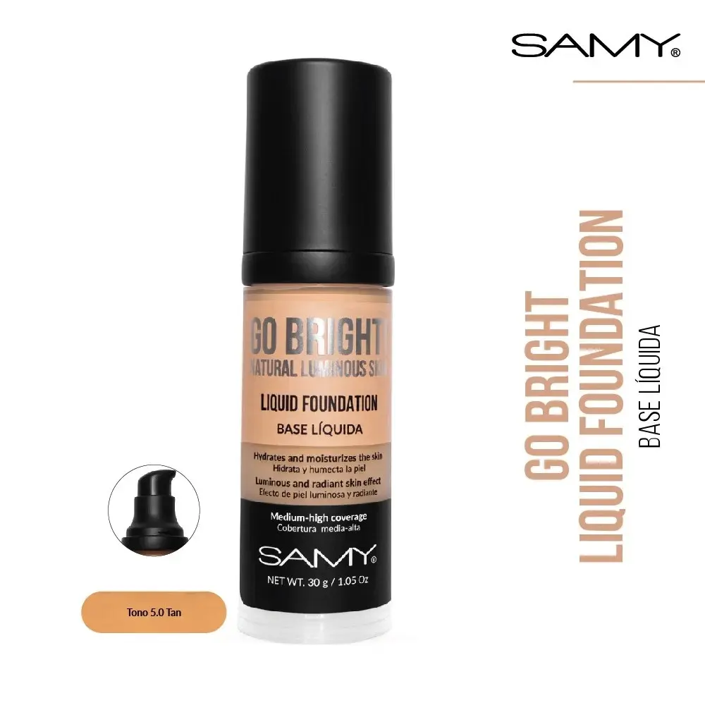 Base Líquida Go Bright 30 g Samy #5.0 Tan – Base de Maquillaje Iluminadora