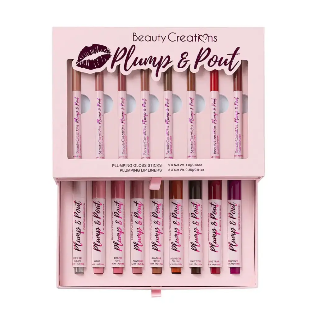 BEAUTY CREATIONS PLUMPING GLOSS STICKS & PLUMPING LIP LINERS 17 PIEZAS