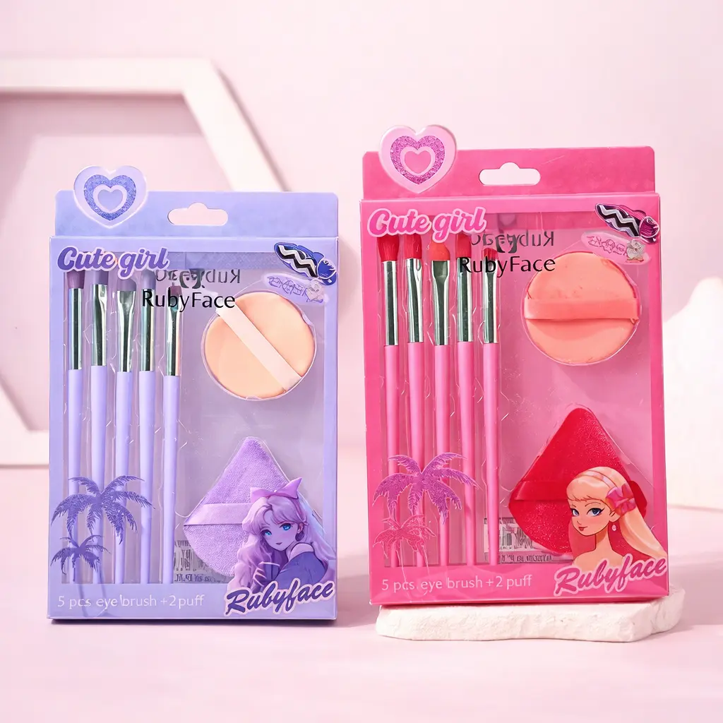 RUBY FACE Cute Girl 5 pcs eye brush + 2 puff 7 pcs
